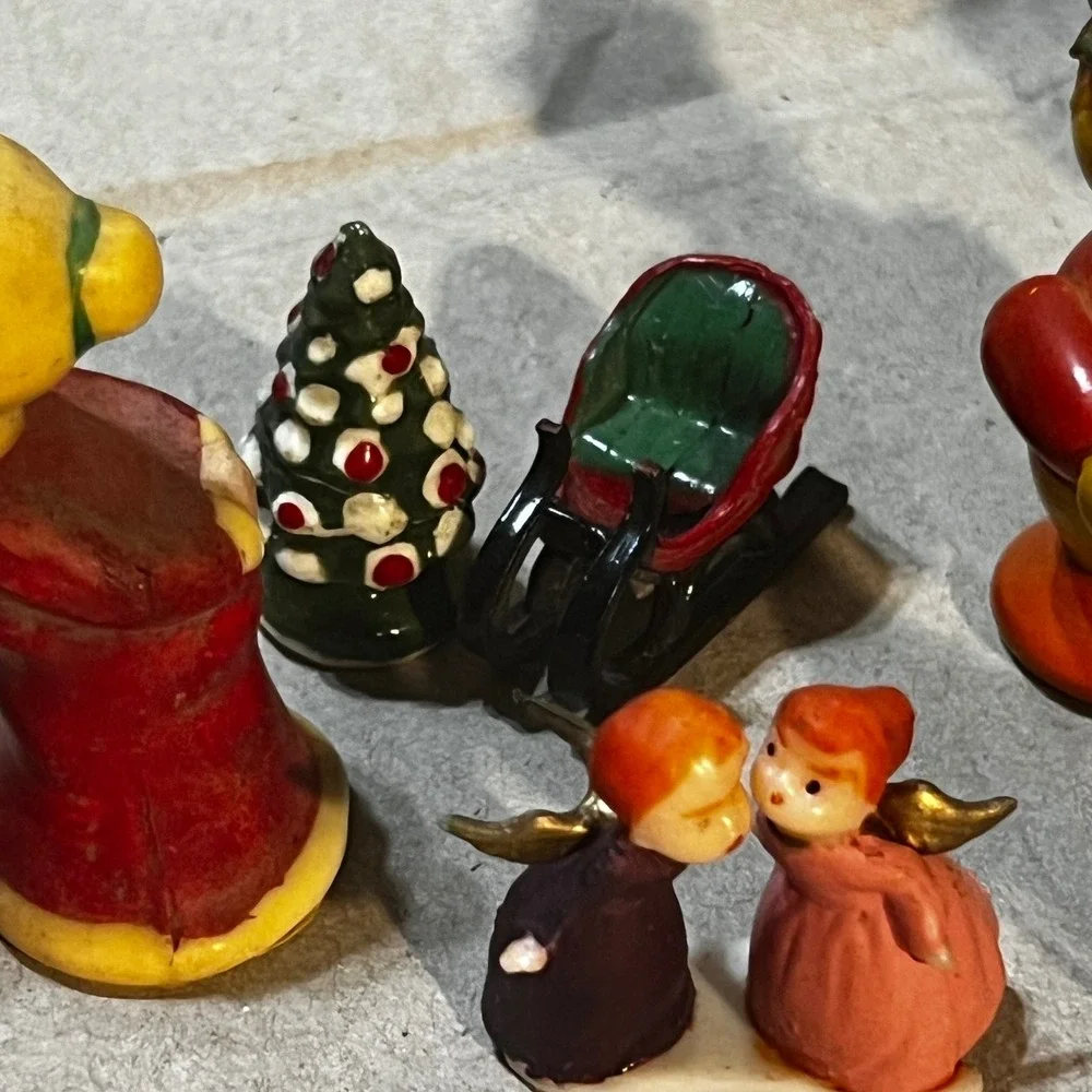 Christmas Figurine 9 pc Set Multicolor Vintage Miniature Kitsch Lot